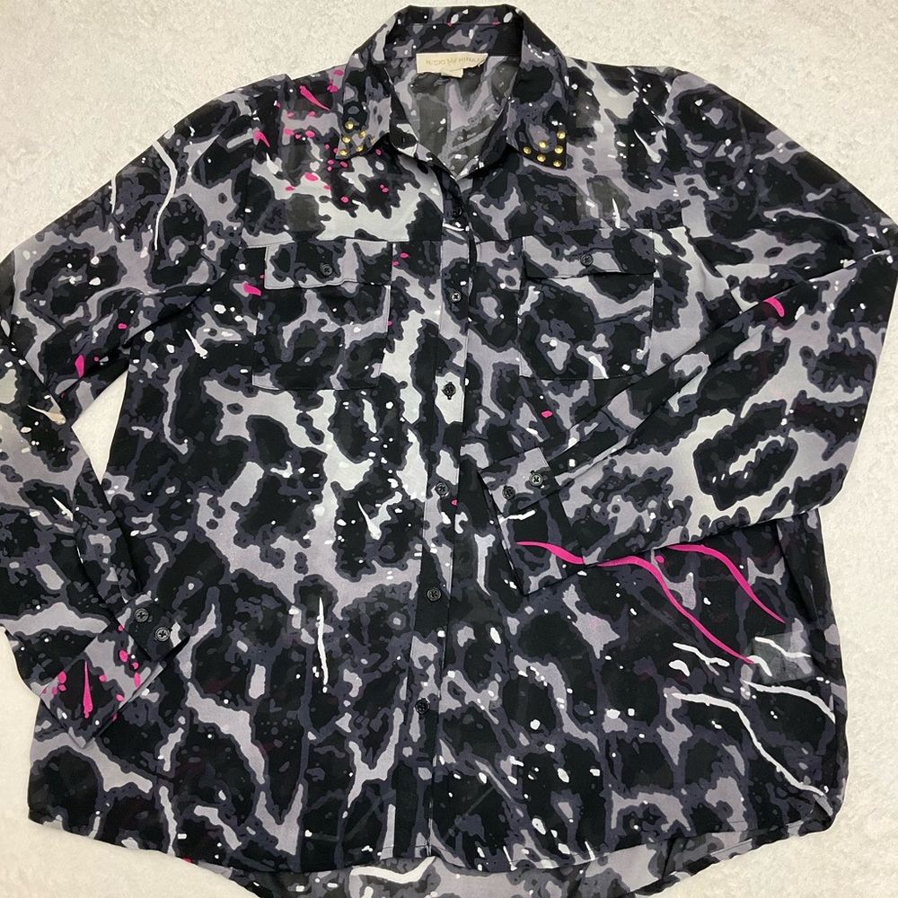 NICKI MINAJ Sheer Black Gray Pink Animal Print Button Down Collared Top Woman LG
